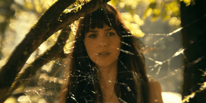 Madame Web Dakota Johnson looks at a web in forest. This image is part of an article about whether Spider-Man is in Madame Web.
