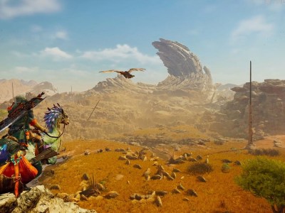 Image of a traveler in monster-like armor riding a bird creature through a rocky desert in Monster Hunter Wilds.