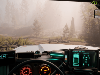 Image of a player behind the wheel of a parked station wagon in the wilderness at sunrise.