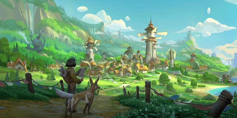 Image of girl in traveling clothes next to a fox overlooking a sunny town in Palia artwork.