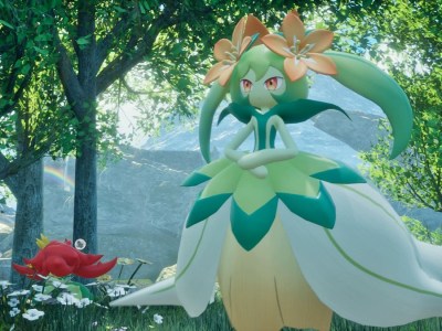 Image of green and flowery Pokemon-like creature standing in a forest in Palworld. This image is part of an article about how to cure pals with an Ulcer in Palworld.