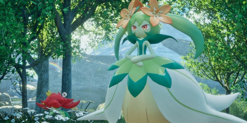 Image of green and flowery Pokemon-like creature standing in a forest in Palworld. This image is part of an article about how to cure pals with an Ulcer in Palworld.