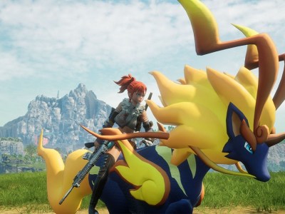 Image of anime character in traveling gear riding a deer-like yellow creature through green fields in Palworld.