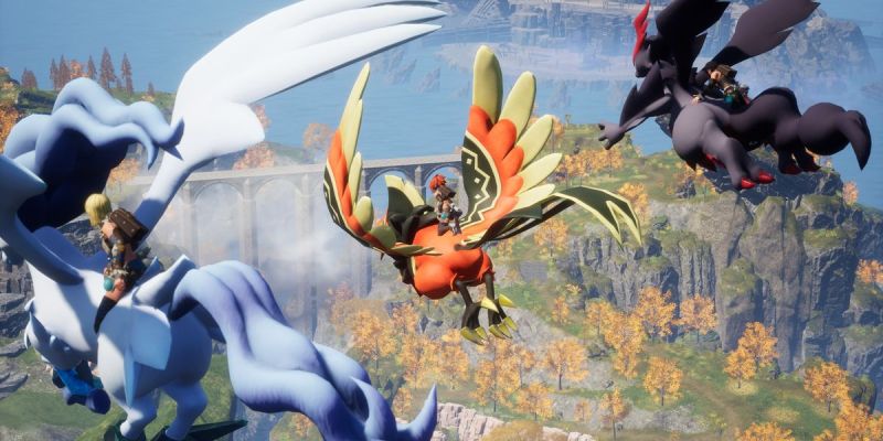 Image of traveling players riding flying colorful creatures through a fall-like forest in Palworld