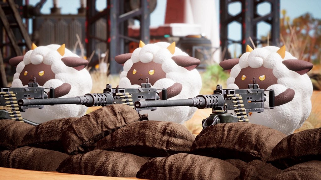 Image of white sheep creatures crouched behind sand bands and armed with machine guns. This image is part of an article about how to use the Pal Distillation Pod in Palworld. 