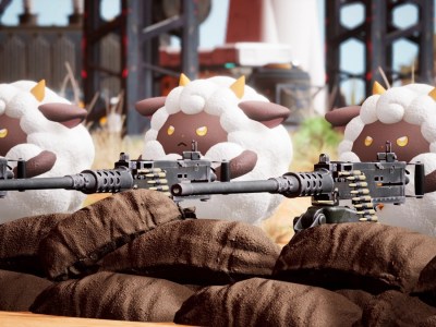 Image of white sheep creatures crouched behind sand bands and armed with machine guns. This image is part of an article about how to use the Pal Distillation Pod in Palworld.