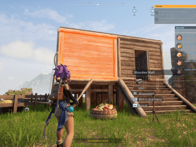 Image of purple-haired girl with a bat standing in front of a wooden house on a hill in Palworld. This image is part of an article about how to move and destroy structures in Palworld.