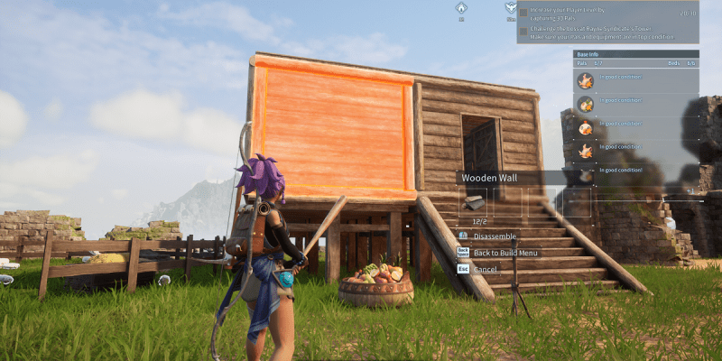 Image of purple-haired girl with a bat standing in front of a wooden house on a hill in Palworld. This image is part of an article about how to move and destroy structures in Palworld.