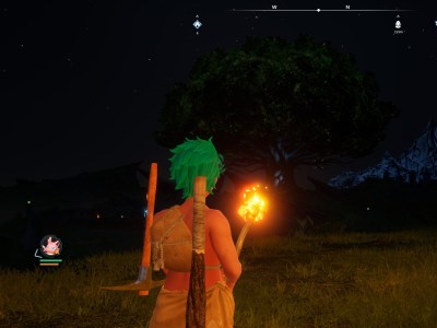 AN image showing the character in Palworld holding a torch in the darkness as part of an article on how to get warm and get rid of the cold status effect.