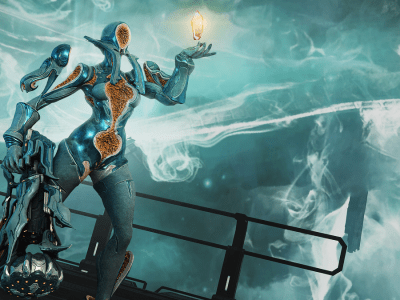 Image of female humanoid machine, Citrine, holding up a glowing crystal in Warframe artwork.
