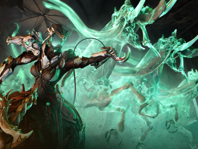 Image of a robotic lady in black summoning a ghostly mob of green creatures to attack.