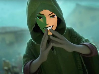 Lara Croft in Bruno's green hood from Encanto