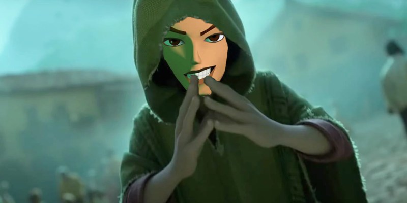 Lara Croft in Bruno's green hood from Encanto