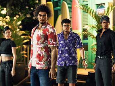 Four characters standing next to each other, two dressed in Hawaiian shirts. This image is part of an article about how to change jobs in Like a Dragon: Infinite Wealth.