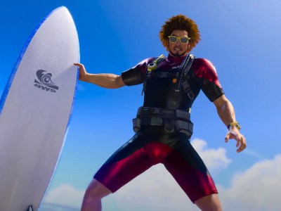 Ichiban Kasuga with a surfboard. This image is part of an article about which Sujimon starter you should choose in Like a Dragon: Infinite Wealth.