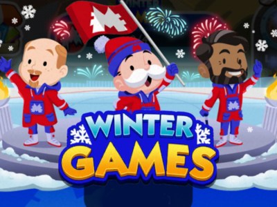 A header for the Winter Games event in Monopoly GO that shows Mr. Monopoly and two friends on a skating rink.