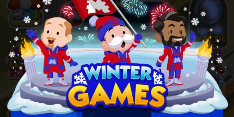 A header for the Winter Games event in Monopoly GO that shows Mr. Monopoly and two friends on a skating rink.