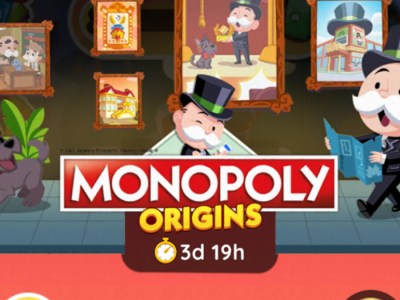 A header for the Monopoly Origins event in Monopoly GO showing Mr. Monopoly standing near some paintings and the logo for the event.