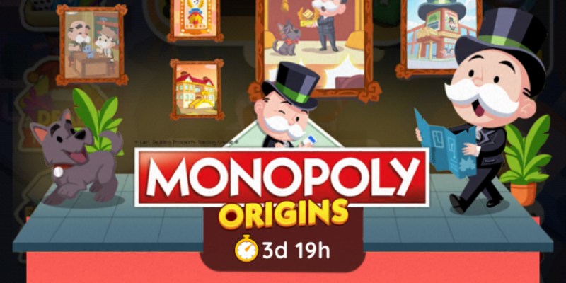 A header for the Monopoly Origins event in Monopoly GO showing Mr. Monopoly standing near some paintings and the logo for the event.