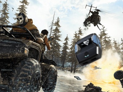 An ATV racing away from an explosion, with a blurred Cronus Zen device flying out from the explosion. This image is part of an article about PS5 blocking a popular MW3 and Warzone cheating hardware.