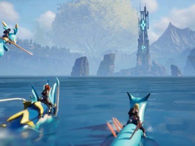 Characters riding Pals in the water in Palworld. This image is part of an article about the best base locations in Palworld.