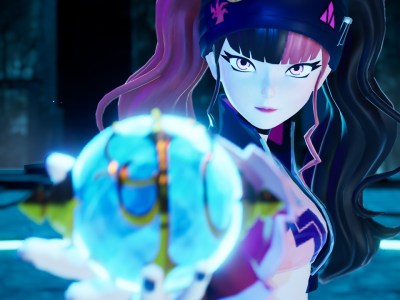 A woman with purple and black hair holding out a glowing blue ball.