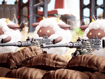 Three sheep-like creatures in a machine gun nest, each with a gun. This image was used as part of an article on if Palworld would eventually come to PlayStation 4 and PS5.