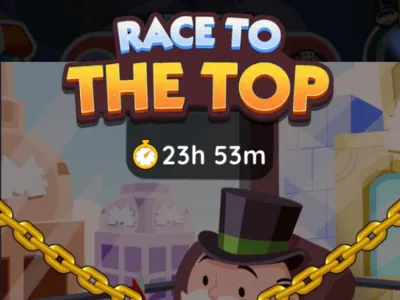 A header image for the Race to the Top tournament in Monopoly GO that shows the logo for the tournament and the time remaining.