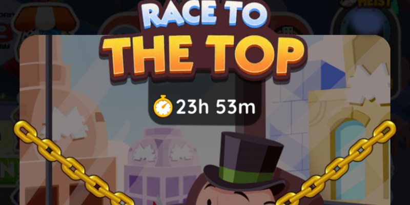 A header image for the Race to the Top tournament in Monopoly GO that shows the logo for the tournament and the time remaining.