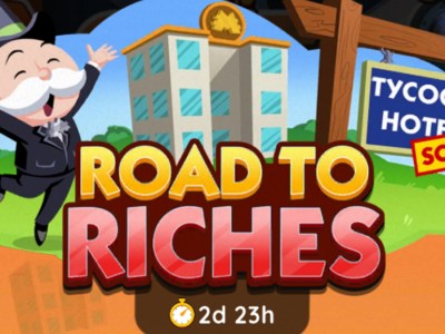 A header-sized image for the Road to Riches event in Monopoly GO showing Mr. Monopoly jumping up next to an image of a hotel.