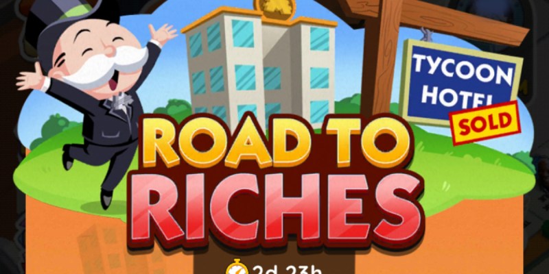 A header-sized image for the Road to Riches event in Monopoly GO showing Mr. Monopoly jumping up next to an image of a hotel.