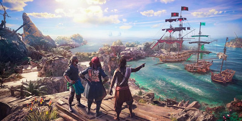 Three pirates, pointing at a ship in the harbour.