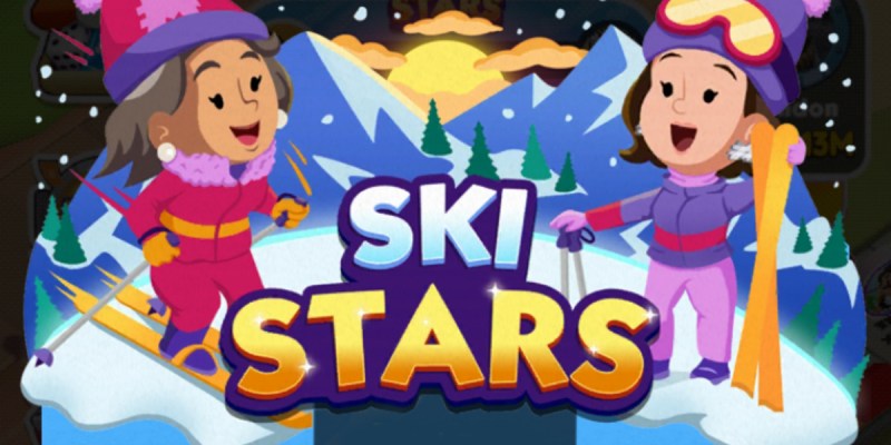 A header for the Ski Stars event in Monopoly GO showing two people with outdoor equipment standing next to the logo for the event.