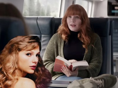 An image of Taylor Swift superimposed over a still from the movie Argylle, showing author Elly Conway on the train.
