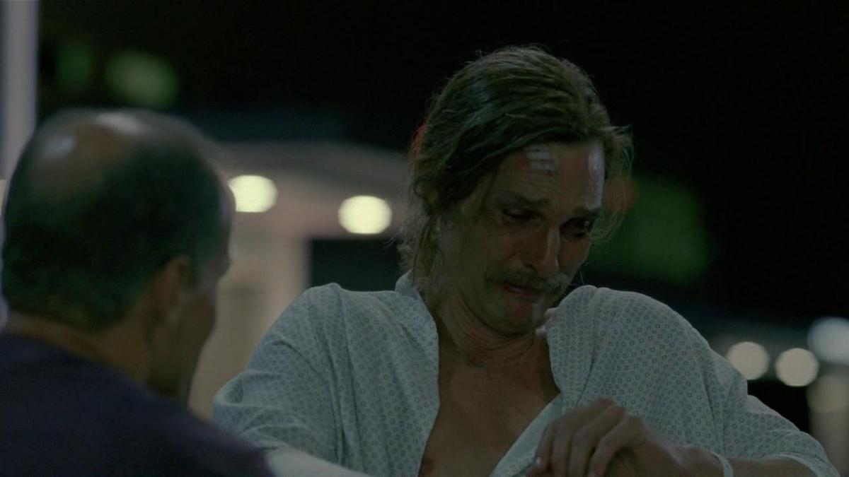 Rust weeps with Marty. This image is part of an article about why True Detective Season 1's ending was always perfect. 