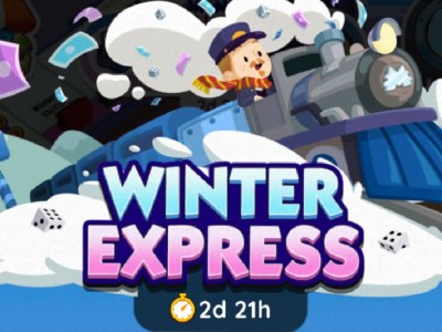 An image for the Winter Express event in Monopoly GO showing a man riding a train that cash is flying out of.