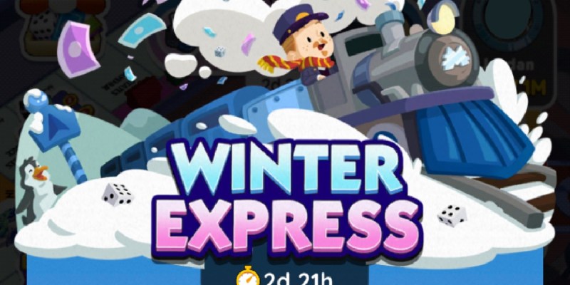 An image for the Winter Express event in Monopoly GO showing a man riding a train that cash is flying out of.