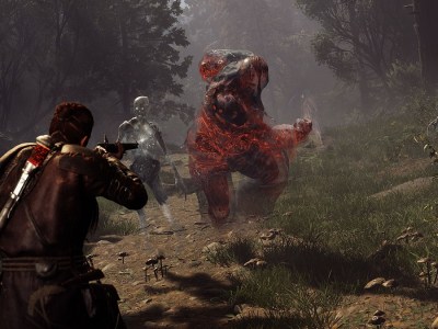 Image of Red aiming his rifle at a massive red specter charging at him in a forest in Banishers: Ghosts of New Eden.