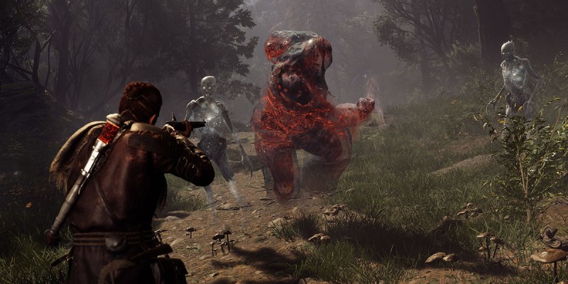 Image of Red aiming his rifle at a massive red specter charging at him in a forest in Banishers: Ghosts of New Eden.