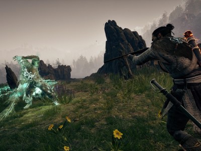 Image of a bearded man using an old rifle to shoot a green ghost in Banishers: Ghosts of New Eden.
