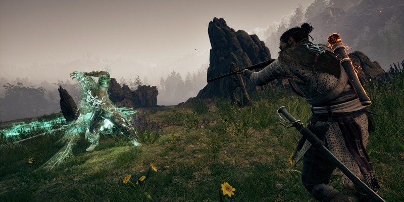Image of a bearded man using an old rifle to shoot a green ghost in Banishers: Ghosts of New Eden.