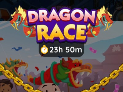 An image for the Dragon Race tournament in Monopoly GO showing the logo for the event above Mr. Monopoly with a dragon.