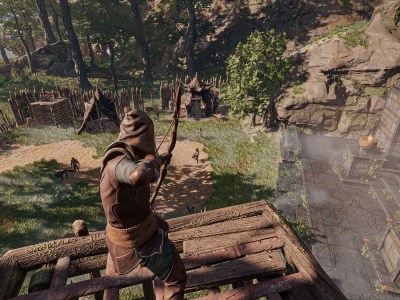 Image of archer in leather armor standing atop a tower shooting down at enemies in Enshrouded.