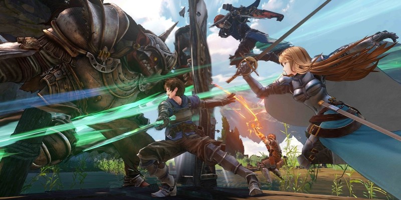 Image of three warriors with swords attacking a massive goblin with a tower shield in Granblue Fantasy: Relink.