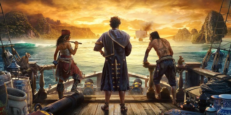 Image of pirates standing on deck of ship looking out at a sunset in Skull & Bones artwork. This image is part of an article about How to Get Bombardier Padewakang Ship Blueprints in Skull and Bones.