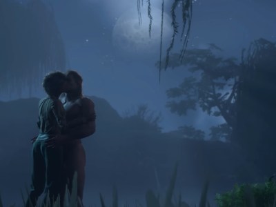 Two video game characters kiss in the moonlight in a still from Baldur's Gate 3.