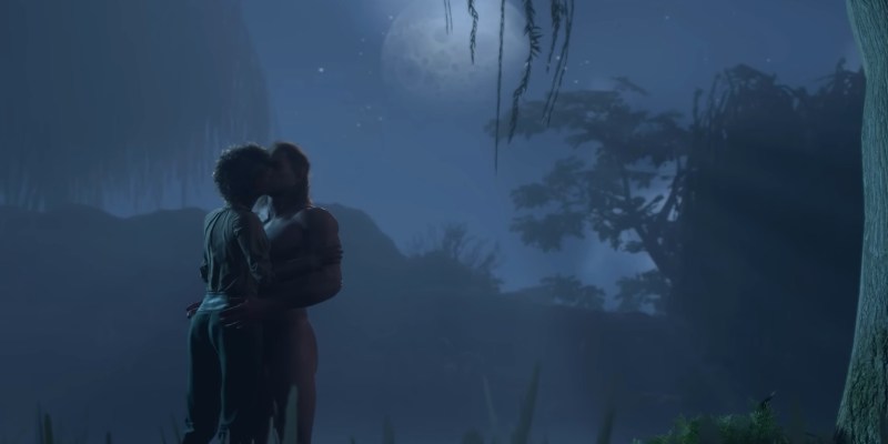 Two video game characters kiss in the moonlight in a still from Baldur's Gate 3.