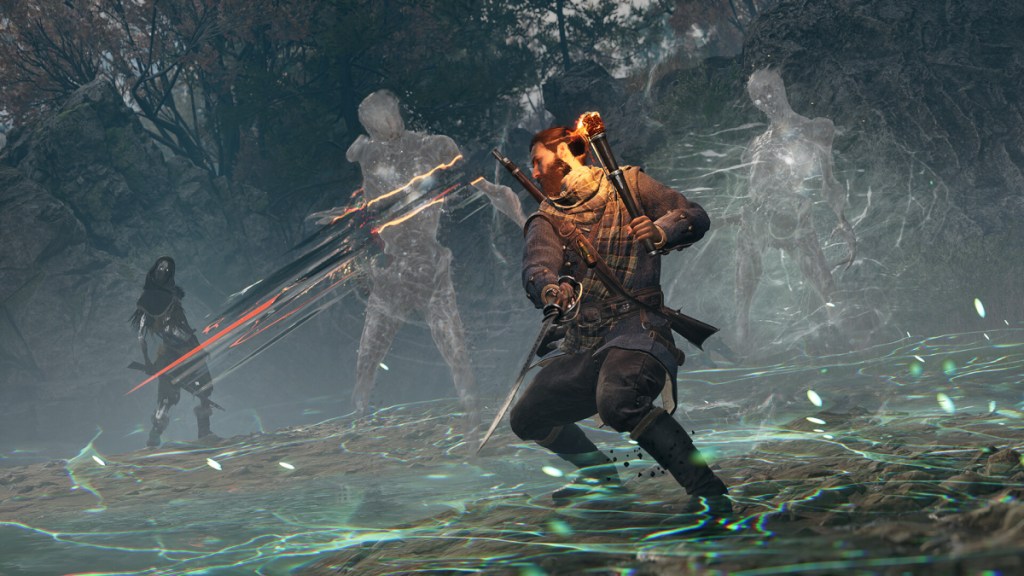 A bearded man taking on several ghosts in a forest clearing. This image is part of an article about how to upgrade equipment in Banishers: Ghosts of New Eden. 