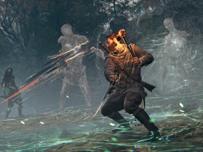 A bearded man taking on several ghosts in a forest clearing. This image is part of an article about how to upgrade equipment in Banishers: Ghosts of New Eden.