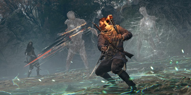 A bearded man taking on several ghosts in a forest clearing. This image is part of an article about how to upgrade equipment in Banishers: Ghosts of New Eden.